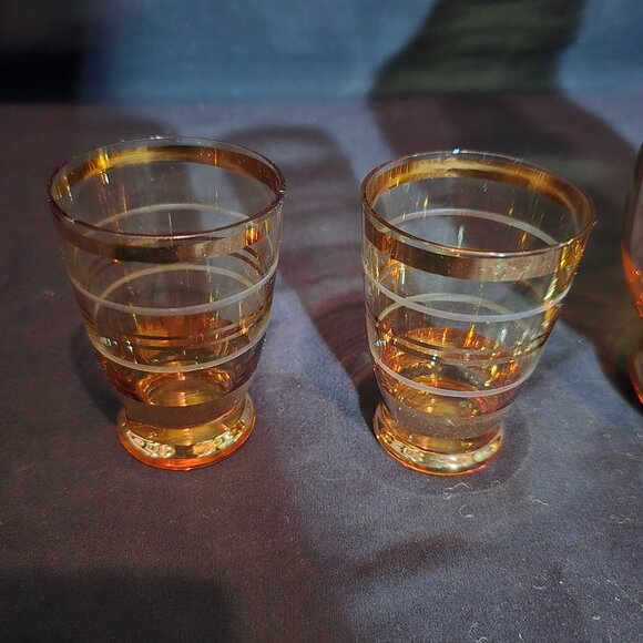 Vintage Bohemia Czechoslovakia Amber Gold Decanter Set (4 Glass / 1 Decanter) - Picture 3 of 6